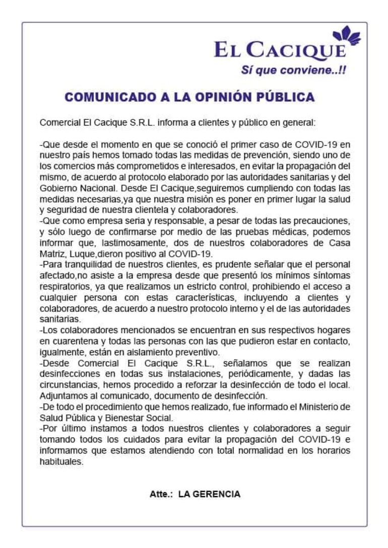 Comunicado de la firma tras viralizarse el resultado positivo de sus empleados.