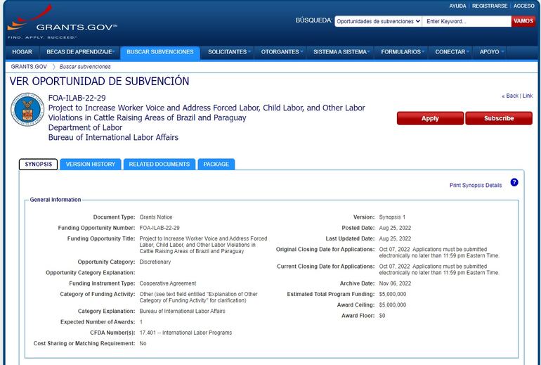 Captura de pantalla del sitio https://www.grants.gov en el que se ofertan los proyectos sobre el sistema laboral de la cadena de la carne en Paraguay y Brasil.