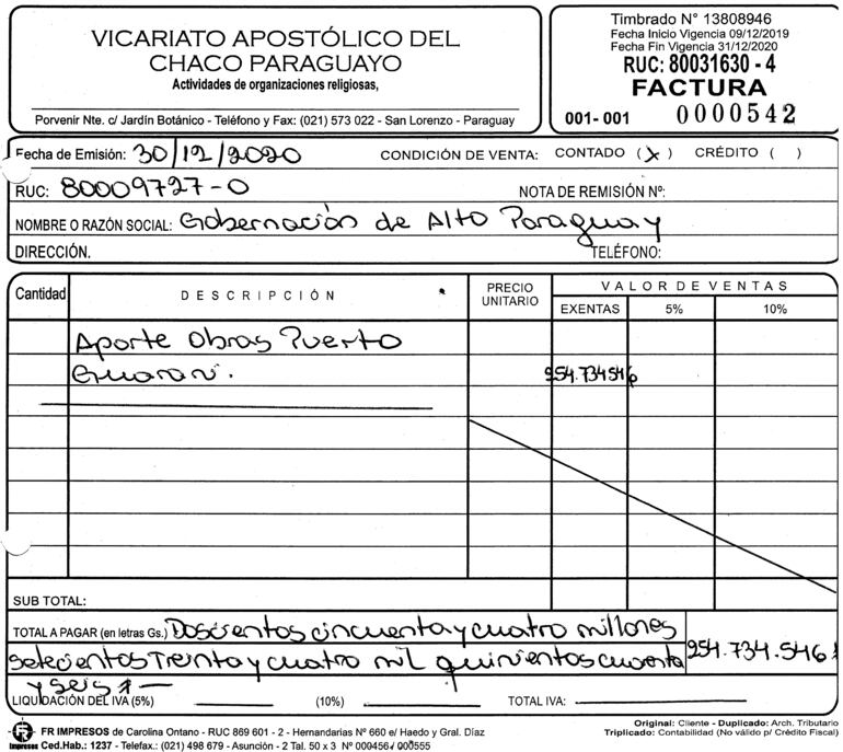 El 30 de diciembre del año pasado, la Vicaría Apostólica del Chaco emitió dos facturas por más de G. 600 millones a la Gobernación de Alto Paraguay.