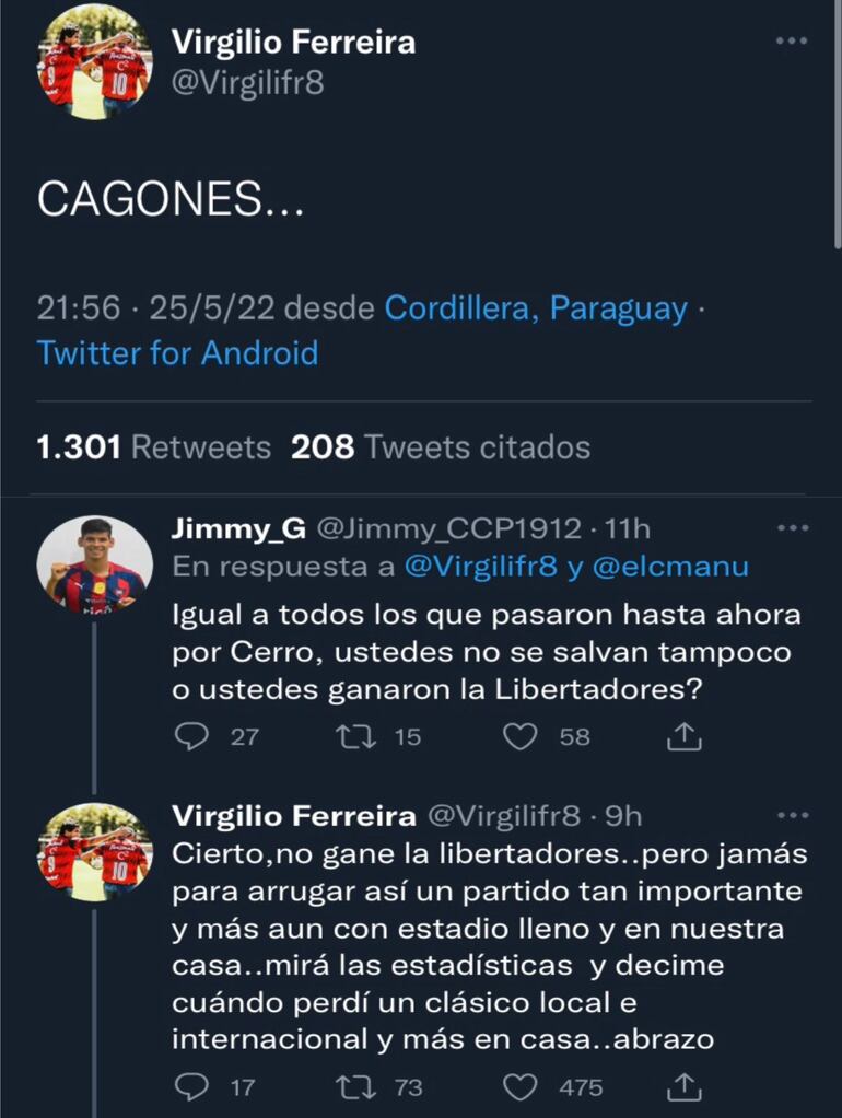 Mensaje de Virgilio Ferreira en su cuenta oficial de Twitter.