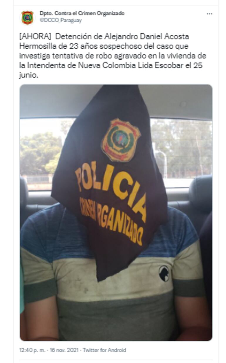 Twitter de la policía sobre la detención del sospechoso del intento de robo a intendenta de Nueva Colombia (captura).