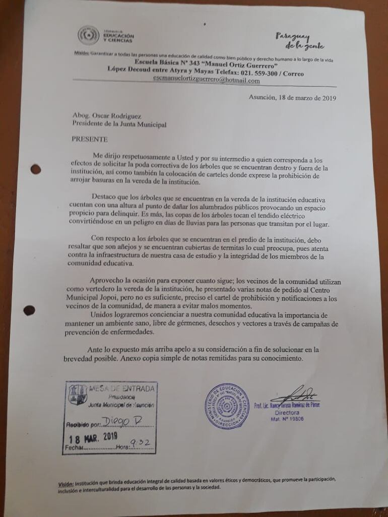 Nota remitida al entonces presidente de la Junta Municipal de Asunción, hoy intendente, Óscar Rodríguez.