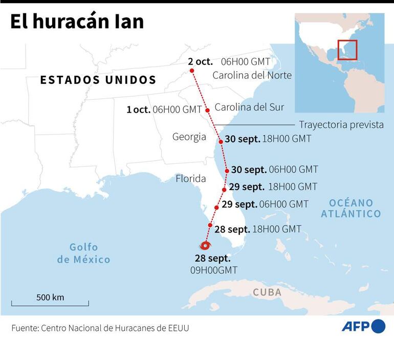 Mapa en que se muestra la trayectoria prevista del huracán Ian, que llega a Florida el miércoles 28 de septiembre - AFP / AFP