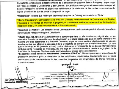 Facsímil del contrato de la Costanera Sur, firmado el 31 de octubre del año pasado, en el que  se estableció que el Consorcio  tenía un plazo de 210 días para conseguir la financiación de un banco internacional.