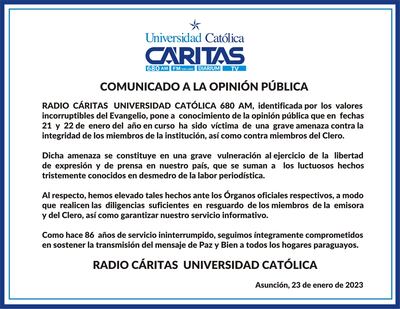 Radio Cáritas comunicado amenaza