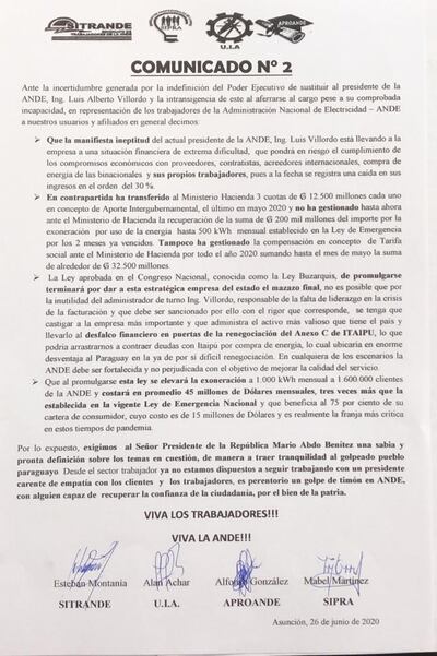 Comunicado de sindicatos de la ANDE