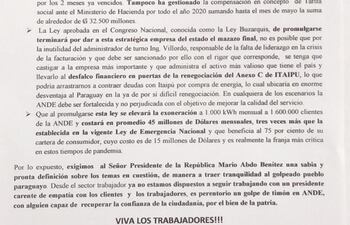 Comunicado de sindicatos de la ANDE