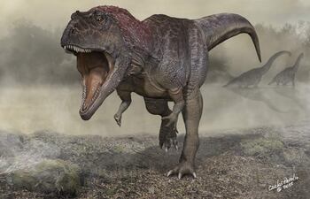 Representación artística del Meraxes gigas, una nueva especie de dinosaurio con brazos diminutos y unas cuatro toneladas de peso hallado en la Patagonia argentina.