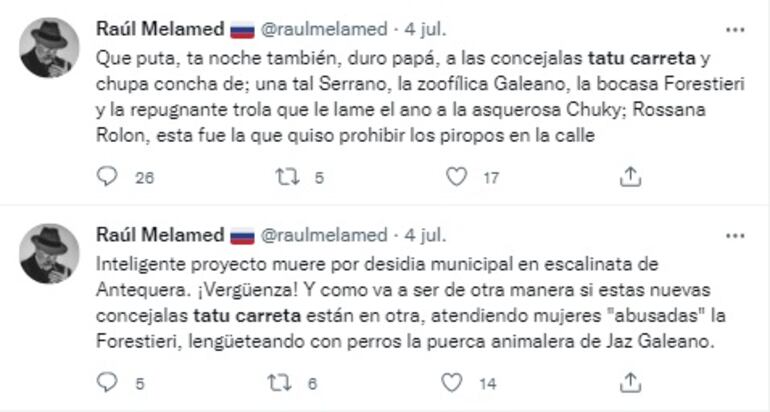 Tuits del comunicador Raul Melamed.