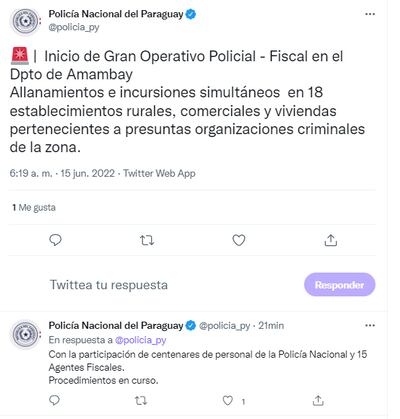 Publicaciones de la Policía Nacional en Twitter, sobre el megaoperativo en Amambay.