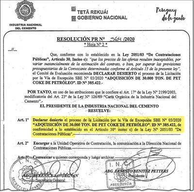 Resolución que firmó el titular de la INC, Ernesto Benítez, el 7 de octubre pasado, en la cual se declara desierta la licitación.