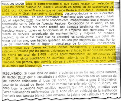 Parte de la declaración testifical de Fabio Saniel Solalinde Báez, sobre el hurto de materiales eléctricos.
