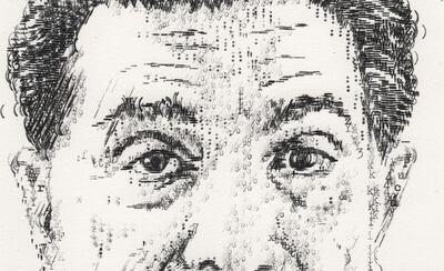 Detalle del retrato del escritor Augusto Roa Bastos, realizado por la artista británica Keira Rathbone con una máquina de escribir.