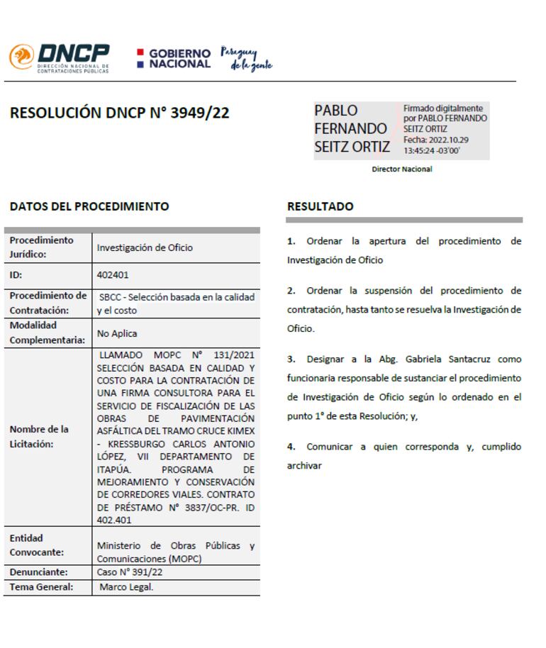 Resolución de la DNCP que abrió una investigación al llamado del MOPC.