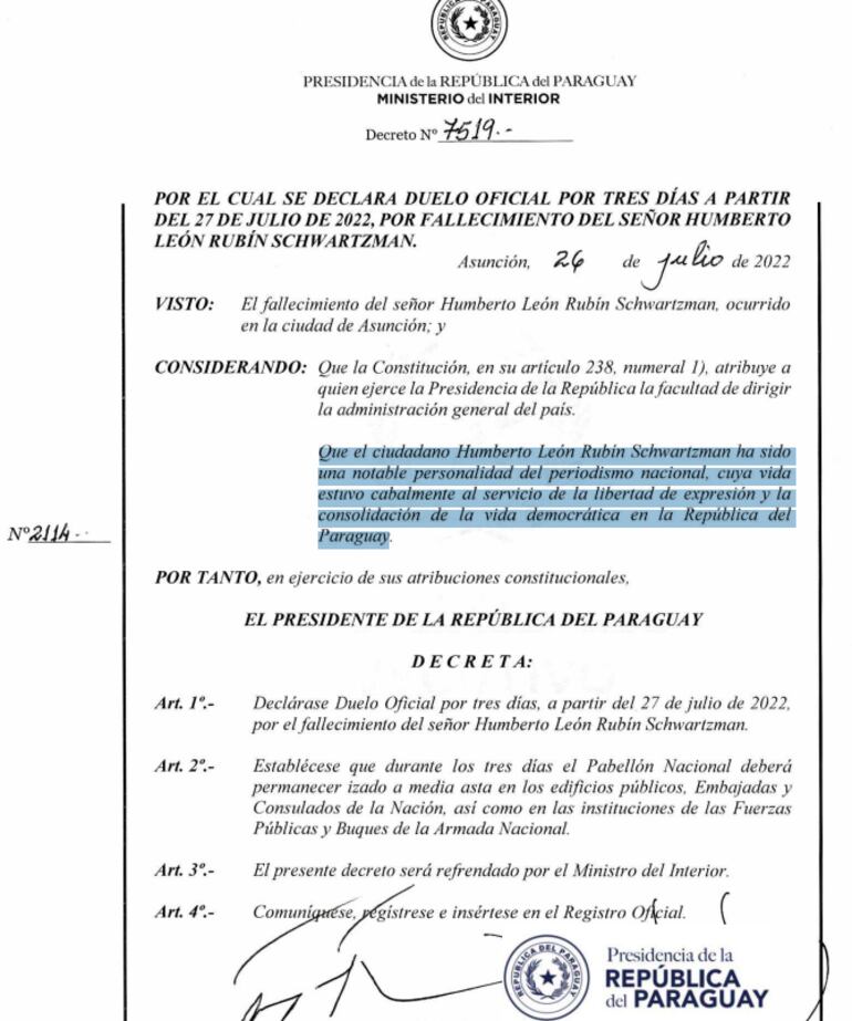Mario Abdo decreta duelo de tres días por la muerte del periodista Humberto Rubín