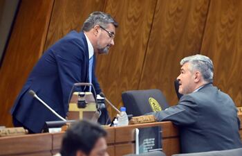 El diputado Édgar Acosta (PLRA), conversa con su colega liberal Jorge Ávalos Mariño, en la sala de sesiones de la Cámara de Diputados. Pedirá el tratamiento del proyecto.