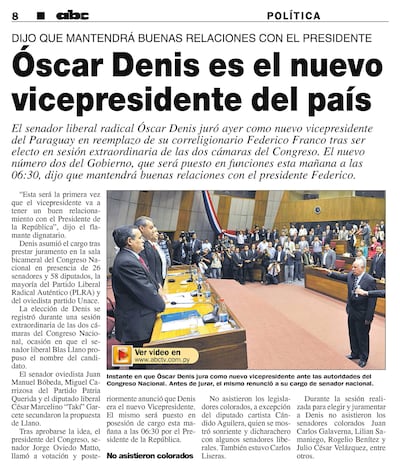 En la página 8 de ABC Color del 29 de junio de 2012, con la información de la designación de Amancio Óscar Denis Sánchez como vicepresidente de la República.