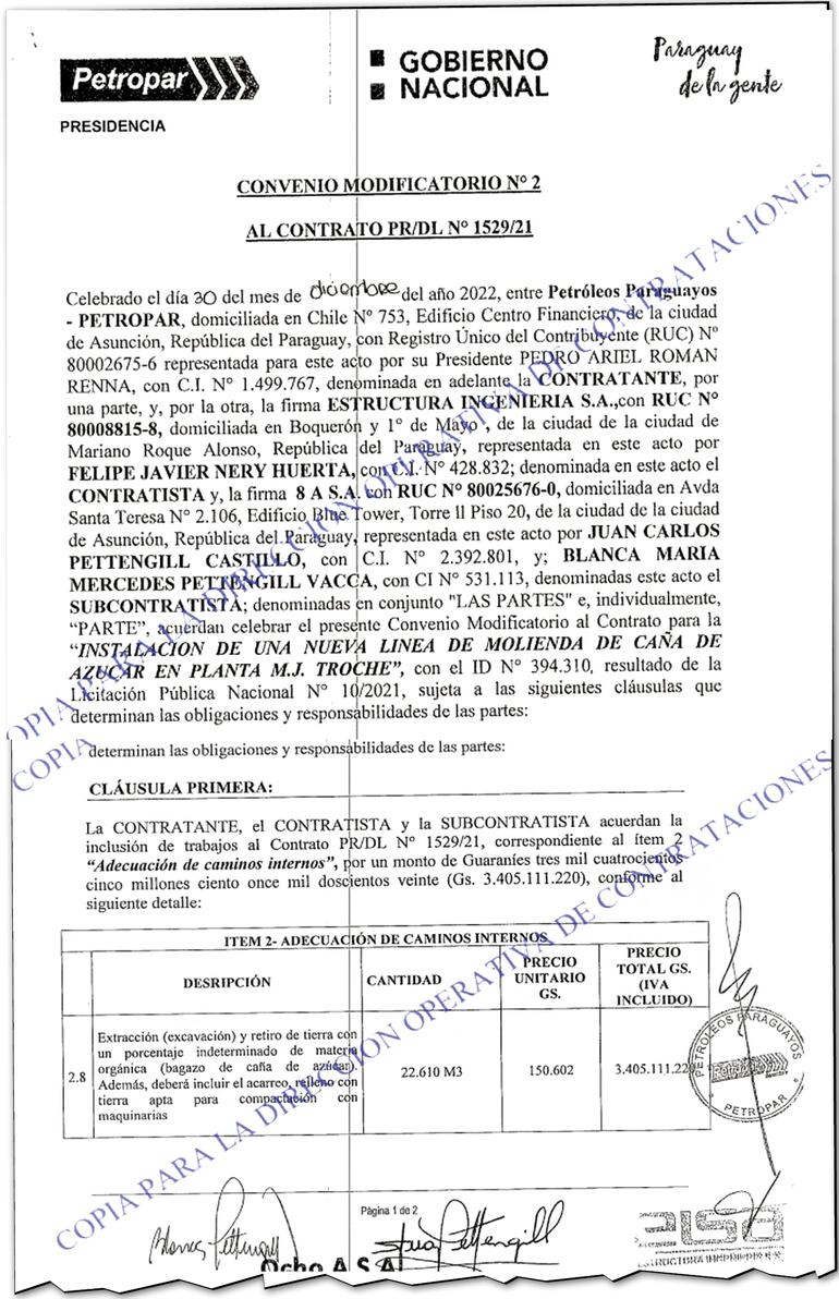 El convenio modificatorio N° 2 del contrato para la construcción de la nueva línea de molienda.