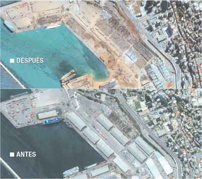 La zona portuaria de Beirut, capital del Líbano, muestra los edificios arrasados por la terrible explosión ocurrida el martes.
