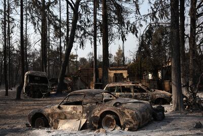 Autos quemados después de un incendio forestal en el área de Varybobi, al noreste de Atenas, Grecia.