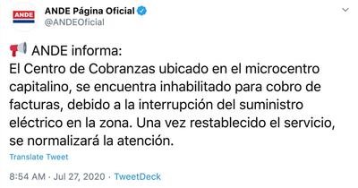 Ni en la ANDE había energía eléctrica para cobrar las cuentas de las facturas. El corte le afectó también a su oficina de cobranzas ubicada en Haedo entre 14 de Mayo y Alberdi.