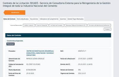 Licitación de la INC publicada en el portal de la DNCP para la contratación de la consultoría.