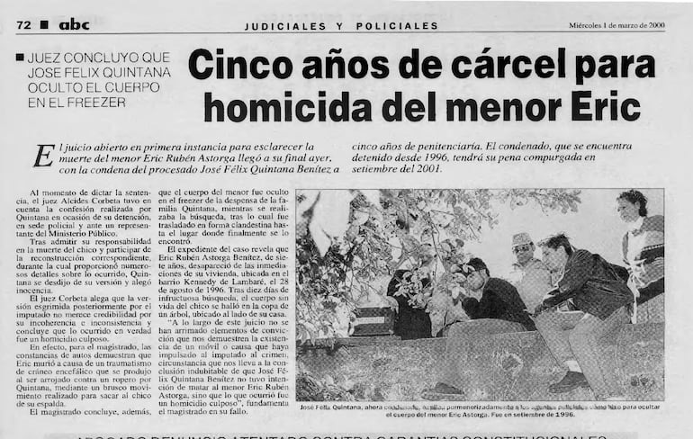 ABC Color del 1 de marzo de 2000, con la crónica de la condena del asesino de Eric Astorga.