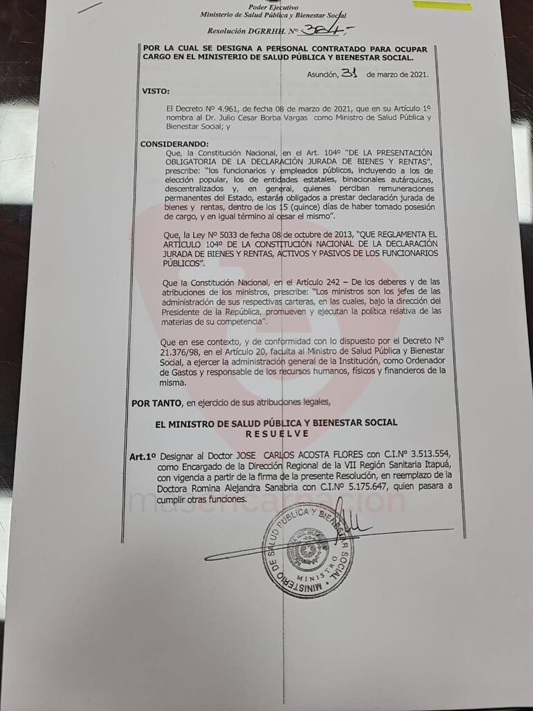 Por Resolución 384, de fecha 31 de marzo del corriente, el ministro de salud, tras más de una semana de incertidumbre y negociaciones entre referentes del partido de gobierno a nivel local, se consensuó el nombre del Dr. José Carlos Acosta para ocupar el cargo dejado vacante por la Dra. Romina Sanabria.