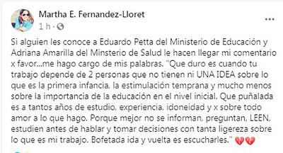 Publicación en redes sociales de una profesional de la educación inicial que se siente agraviada.