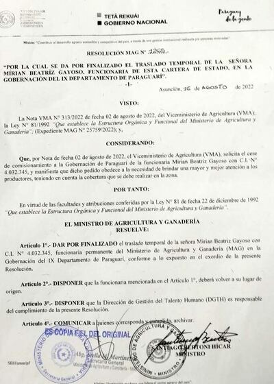 Resolución por la cual se pide el cese del comisionamiento de Mirian Gayoso.