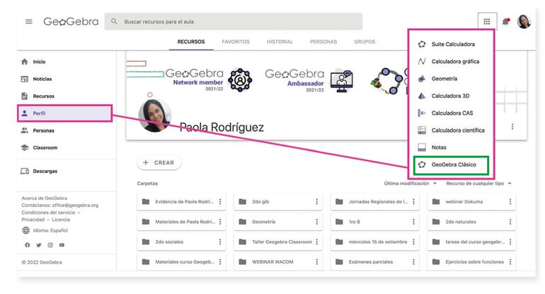 Lo primero es ingresar al perfil de GeoGebra, y seleccionar la aplicación GeoGebra clásico
