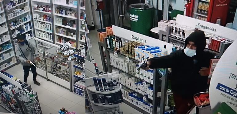 El sujeto herido habría asaltado una farmacia el miércoles en Luque. En la foto, las imágenes de los ladrones divulgadas por la Policía.