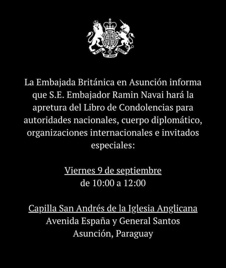 Anuncio de la Embajada Británica en Paraguay respecto al fallecimiento de la Reina Isabel II.