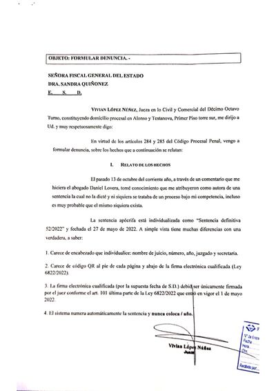 Denuncia presentada por la jueza Vivian López al Ministerio Público sobre sentencia judicial falsa que circula