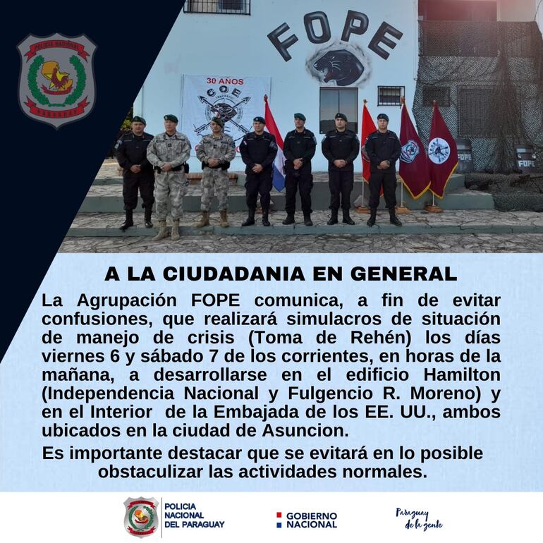 FOPE realizará mañana dos simulacros de toma de rehenes en edificio de Asunción y en Embajada de Estados Unidos.