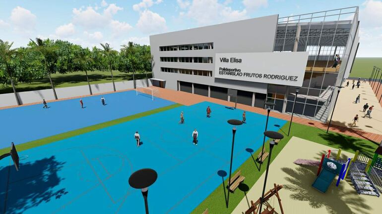 Maqueta del futuro polideportivo municipal de Villa Elisa, que será construido en la plaza América del barrio Sol de América.