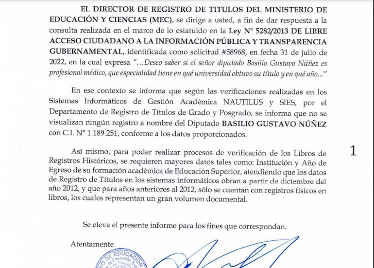 Respuesta del Ministerio de Educación sobre el pedido de información sobre la titulación de Bachi.