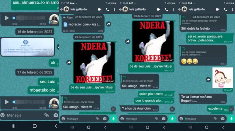 Mensajes enviados entre el exjuez Ojeda y el concejal Gallardo. En un momento citan presuntamente al titular del JEM, “Bogarín”.