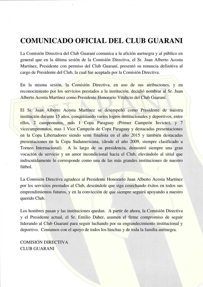 El comunicado de Guaraní sobre la renuncia de Juan Alberto Acosta.