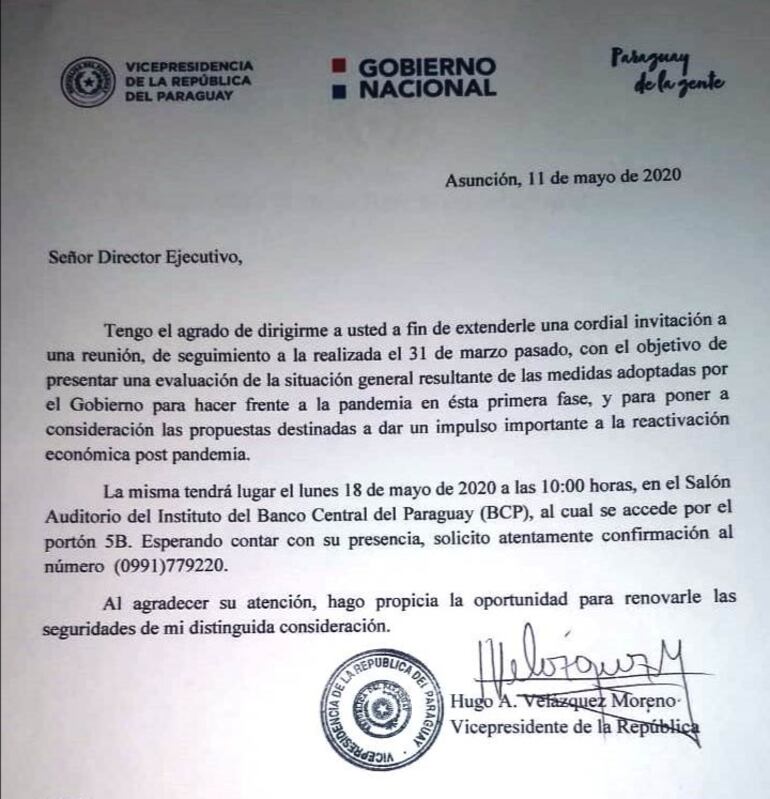 El Gobierno envió esta nota para invitar a varios sectores a la reunión sobre reactivación económica, en el marco de la crisis sanitaria y económica por el covid-19.