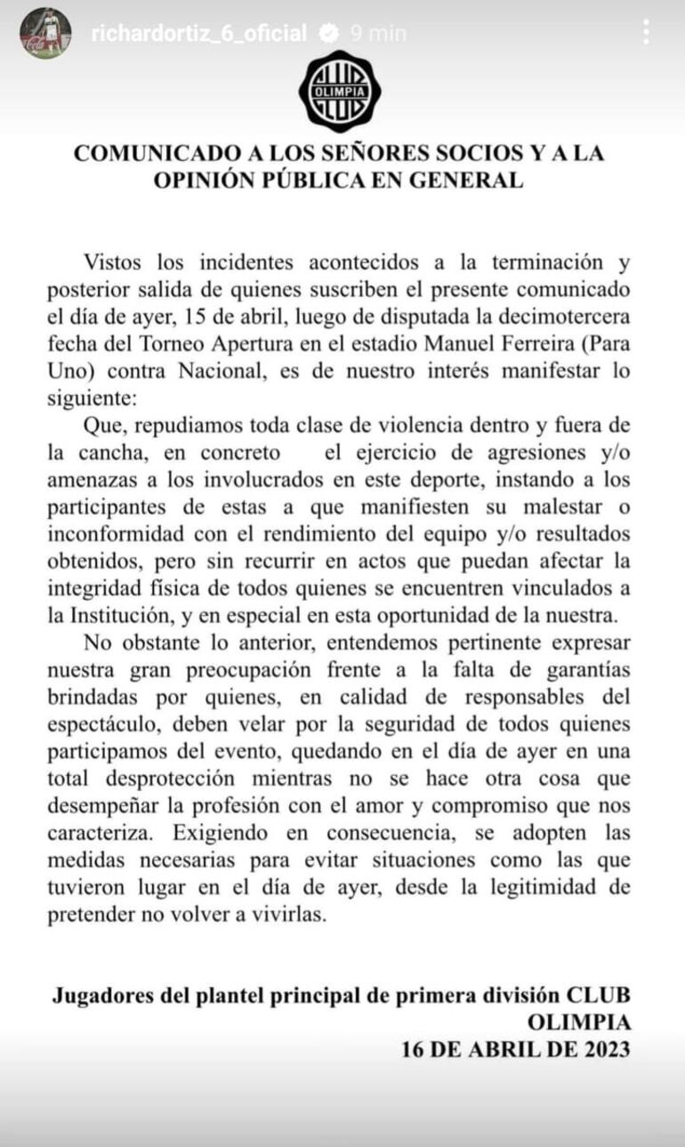El comunicado del plantel de Olimpia publicado por Richard Ortiz.