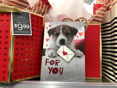 Una postal y una bolsa de regalos para un perro por el Día de San Valentín son vistos hoy en una tienda de Miami, Florida.
