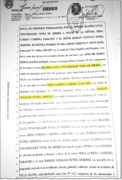 Facsímil del título de la transferencia realizada por Blásida Ynsaurralde a favor del diputado Basilio “Bachi” Núñez y su pareja Nidia Lorena Cabrera Zaracho.