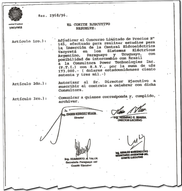 La resolución el Comité Ejecutivo en la que adjudicó la licitación a la firma PTI para que realice los primeros estudios de factibilidad del intercambio con Brasil.