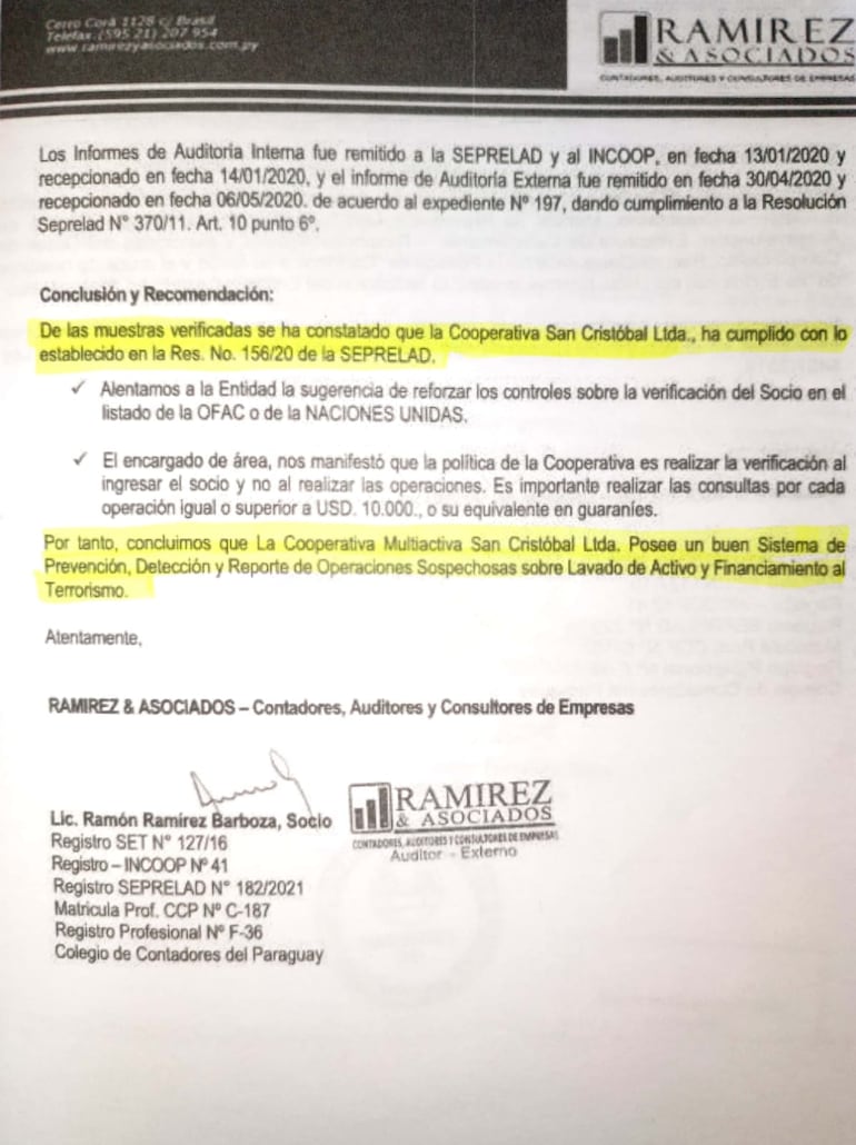 Parte de informe y conclusiones de la Auditoría sobre el "cumplimiento" de las normativas antilavado de la cooperativa San Cristóbal Ltda