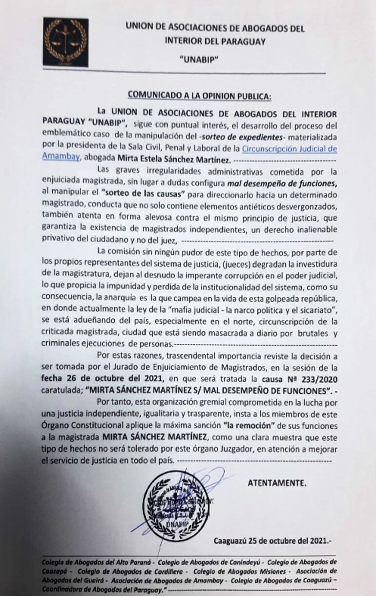 Comunicado dado a conocer por la Unión de Asociaciones de Abogados del Interior del Paraguay (UNABIP).