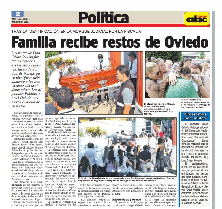 Recortes muestran entrega de los restos de Oviedo a su familia.