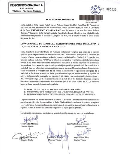 Acta del directorio del frigorífico Chajha donde convocan a asamblea para tartar disolución y liquidación de la firma.