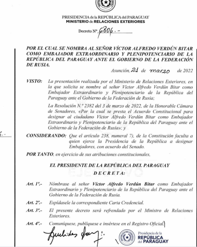 Víctor Verdún Bitar, fue nombrado embajador en Rusia según Decreto N° 6806