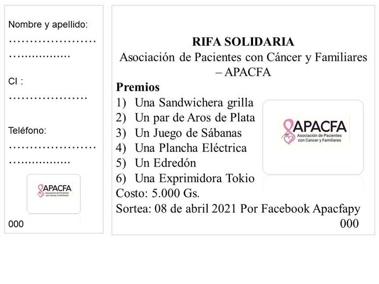 La rifa cuesta G. 5.000 y servirá para cubrir gastor adminsitrativos de la Apacfa.